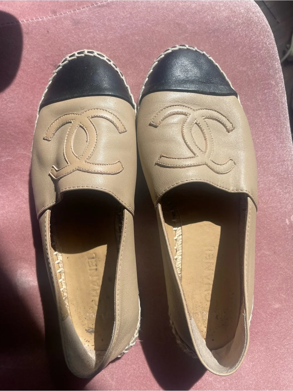 CHANEL Beige Leather Espadrille Flats with Black Cap Toe